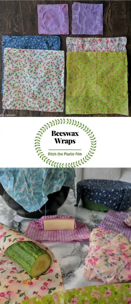 two images, the top shows several beeswax wraps laying on a wooden table. The bottom shows different beeswax wraps covering foods and bowls. in the middle you can read 'beeswax wraps: ditch the plastic film'