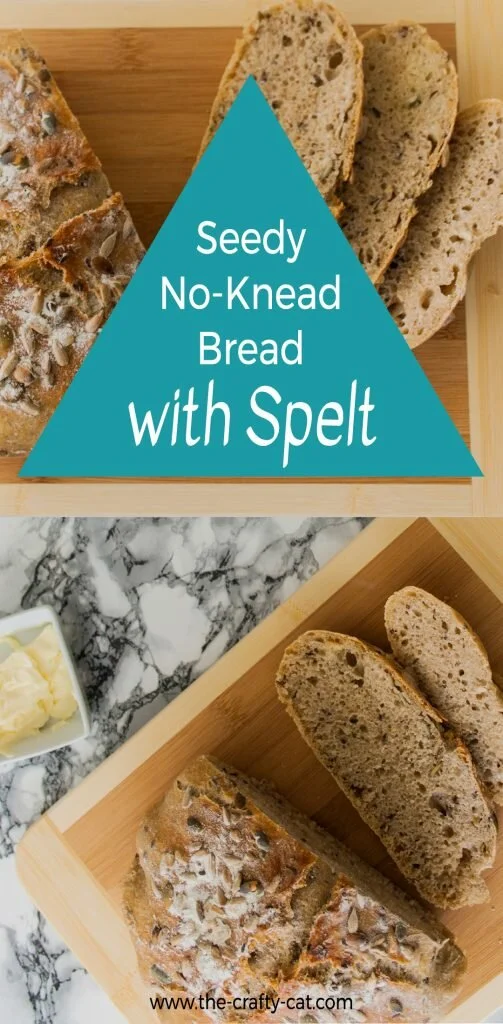Two images of a loaf of bread on a bamboo cutting board with some slices cut off with an turquoise triangle overlay and the text: seedy no-knead bread with spelt